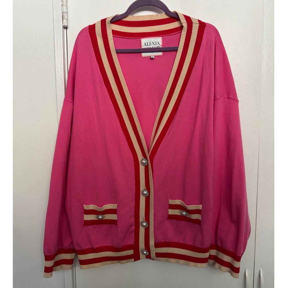 Alexia Admor Frances Stripe Trim Cardigan in Pink Size XL - Picture 2 of 5